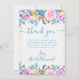 Tarjeta De Agradecimiento Flores rosadas y azules de acuarela Sweet 16