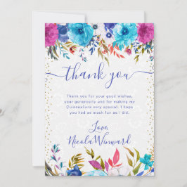Tarjeta De Agradecimiento Flores rosadas y azules de verano Quinceañera