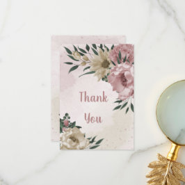 Tarjeta De Agradecimiento flores rosadas y champán con hojas verdes