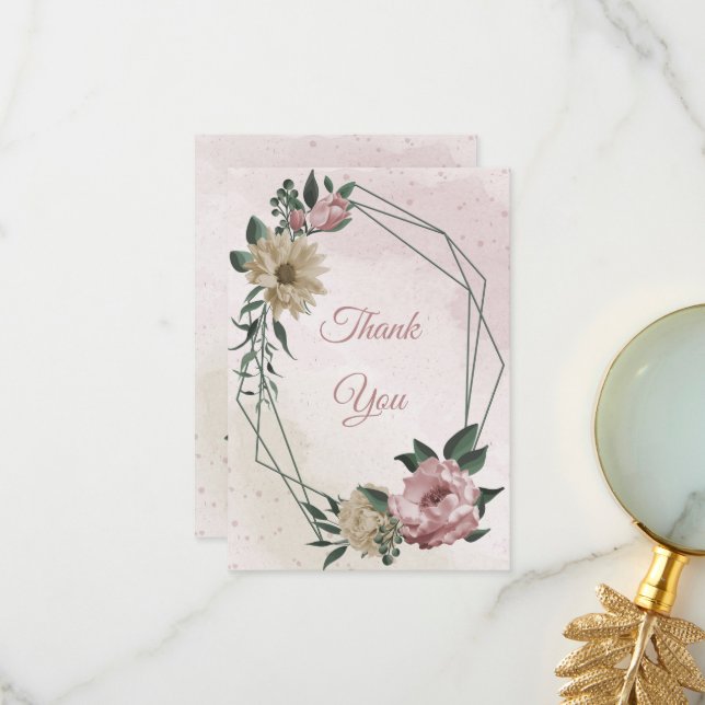 Tarjeta De Agradecimiento flores rosadas y de champán hojas verdes (Anverso/Reverso In Situ)