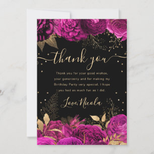 Tarjeta De Agradecimiento Flores Rosadas y Doradas Cumpleaños Floral