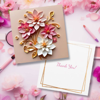 Tarjeta De Agradecimiento Flores rosadas y doradas Papel falso Quilling Grac