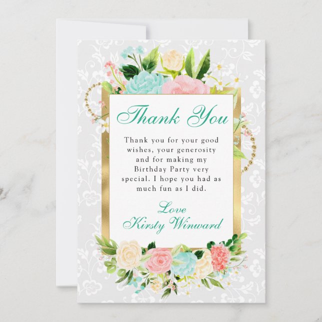 Tarjeta De Agradecimiento Flores rosadas y menta Cumpleaños dorado (Anverso)