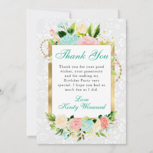 Tarjeta De Agradecimiento Flores rosadas y menta Cumpleaños dorado