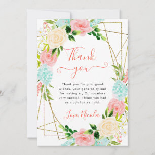 Tarjeta De Agradecimiento Flores Rosadas y Menta Marco Dorado Quinceañera