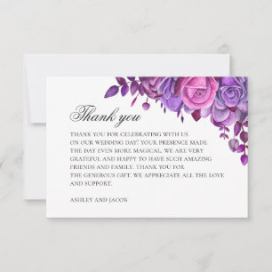 Tarjeta De Agradecimiento Flores rosadas y púrpuras. Boda de lila en acuarel