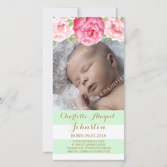 Tarjeta De Agradecimiento Flores rosas De Mint Stripes Gracias Baby Shower (Anverso)