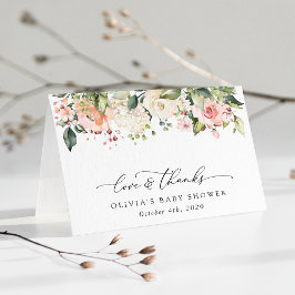 Tarjeta De Agradecimiento Flores rosas, flores blancas, boho, Baby Shower