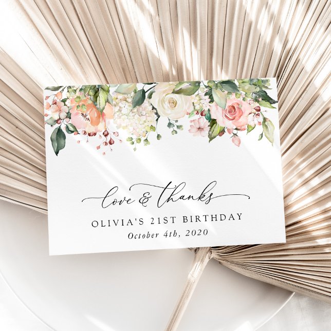 Tarjeta De Agradecimiento Flores rosas, flores blancas, boho, cumpleaños (Subido por el creador)