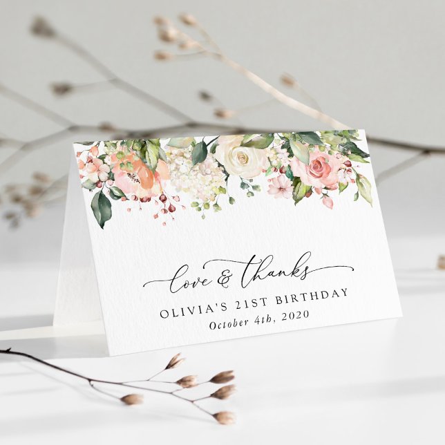 Tarjeta De Agradecimiento Flores rosas, flores blancas, boho, cumpleaños (Subido por el creador)