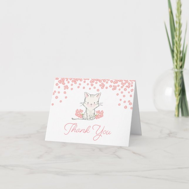 Tarjeta De Agradecimiento Flores rosas Kitten Chica Baby Shower (Anverso)