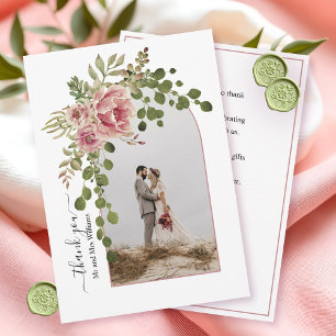Tarjeta De Agradecimiento Flores rosas polvorientas, arco con boda fotográfi