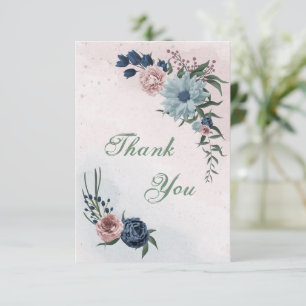 Tarjeta De Agradecimiento flores rosas, polvorientas azules y azul marino