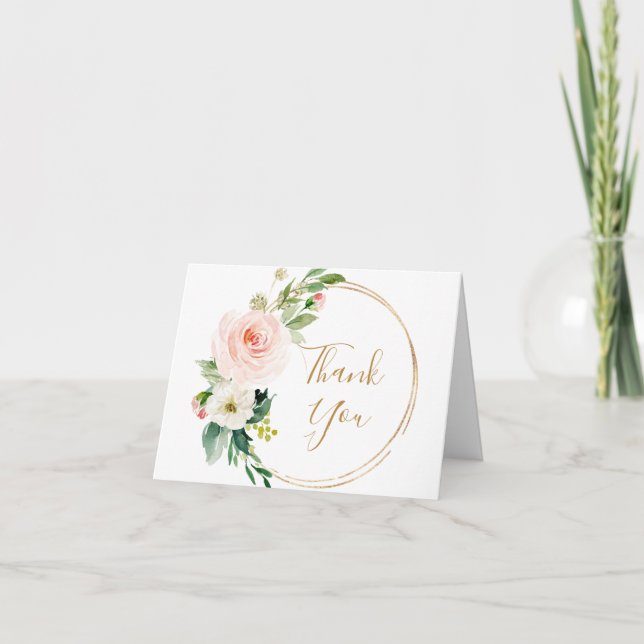 Tarjeta De Agradecimiento Flores rosas Rubor florales verdes (Anverso)