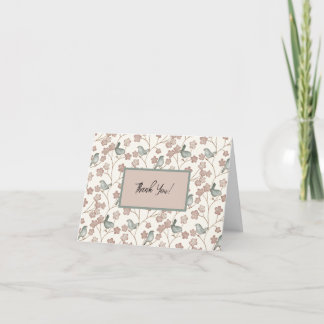 Tarjeta De Agradecimiento Flores rosas singulares y aves verdes ilustradas