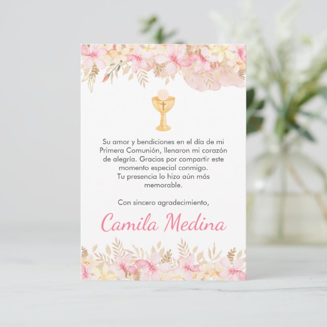 Tarjeta De Agradecimiento Flores rosas y cáliz Primera comunión (Anverso de pie)