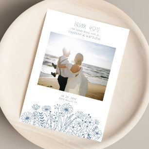 Tarjeta De Agradecimiento Flores salvajes Elegante Boda de fotografía azul B