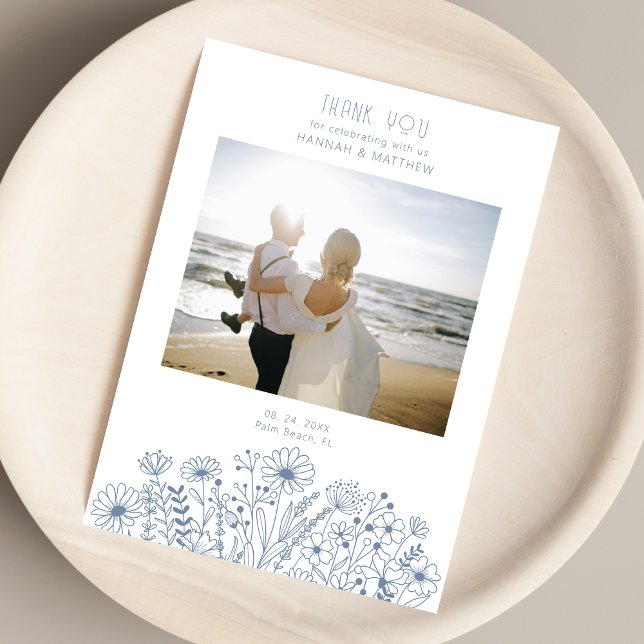 Tarjeta De Agradecimiento Flores salvajes Elegante Boda de fotografía azul B (Subido por el creador)