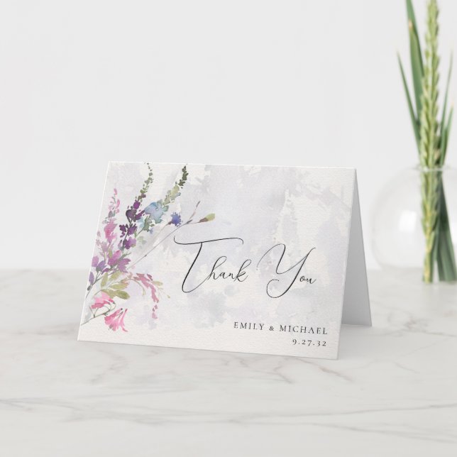 Tarjeta De Agradecimiento Flores salvajes vibrantes amarillo violeta rosado (Anverso)