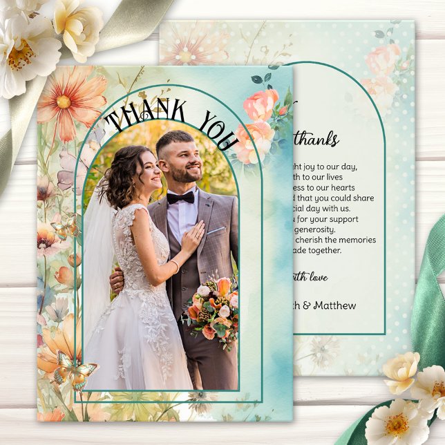 Tarjeta De Agradecimiento Flores silvestres acuarela Boda Foto Gracias (Wedding Thank You card featuring your photo framed by a boho chic design with watercolor wildflowers)