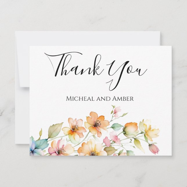 Tarjeta De Agradecimiento Flores Silvestres Acuarela Naranja Rosa Boho Hermo (Anverso)