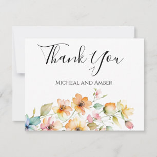 Tarjeta De Agradecimiento Flores Silvestres Acuarela Naranja Rosa Boho Hermo
