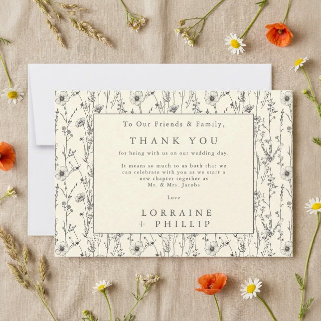 Tarjeta De Agradecimiento Flores silvestres blandas boda de patrones sin sol (Soft wild flowers seamless pattern wedding thank you card.)
