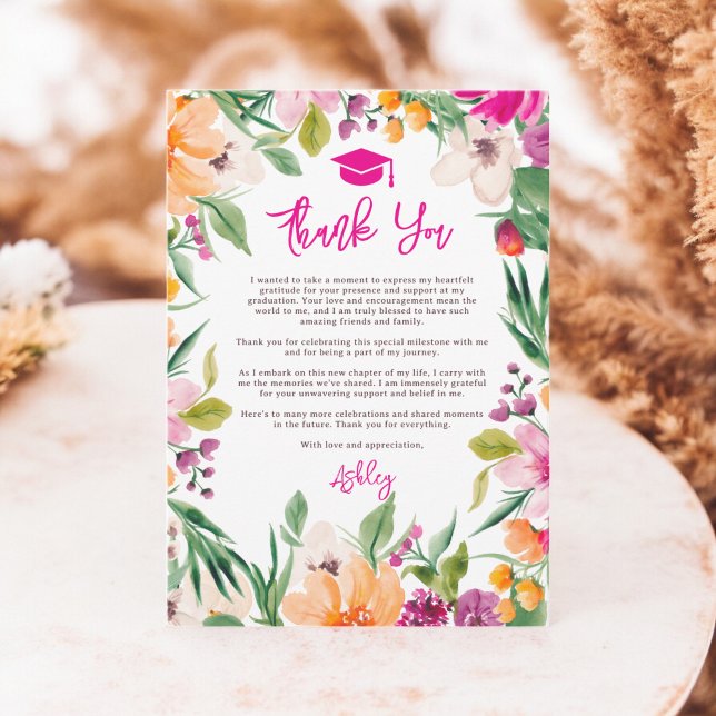 Tarjeta De Agradecimiento Flores silvestres brillantes guión de graduación f (Bright wild flowers script floral graduation thank you card)