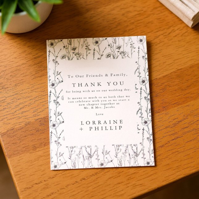 Tarjeta De Agradecimiento Flores silvestres brillantes sin soldadura boda de (Whimsical wild flowers seamless pattern wedding thank you card.)