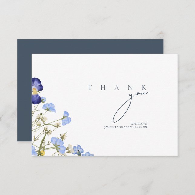 Tarjeta De Agradecimiento Flores Silvestres de Boda Elegante Opulencia Azul  (Anverso / Reverso)