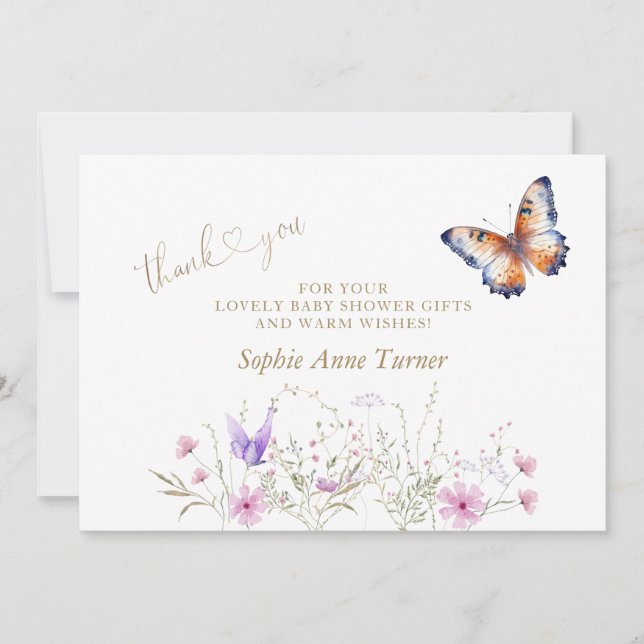 Tarjeta De Agradecimiento Flores silvestres de mariposa caligrafía Baby Show (Anverso)