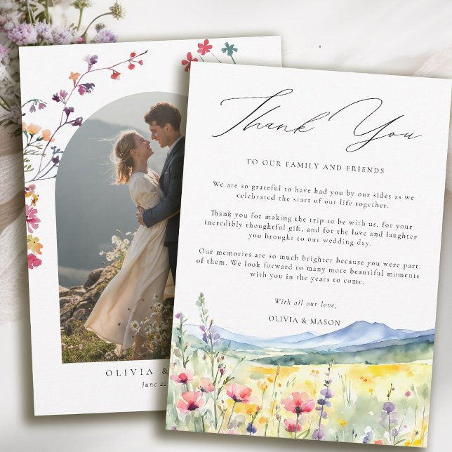 Tarjeta De Agradecimiento Flores Silvestres de Pradera de Montaña Boda Moder (mountain wedding thank you boho arch photo wildflowers meadow floral watercolor modern calligraphy )