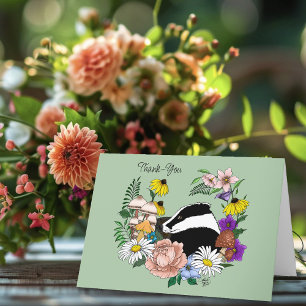 Tarjeta De Agradecimiento Flores Silvestres de Tejón de Bosque Hongos Verde 