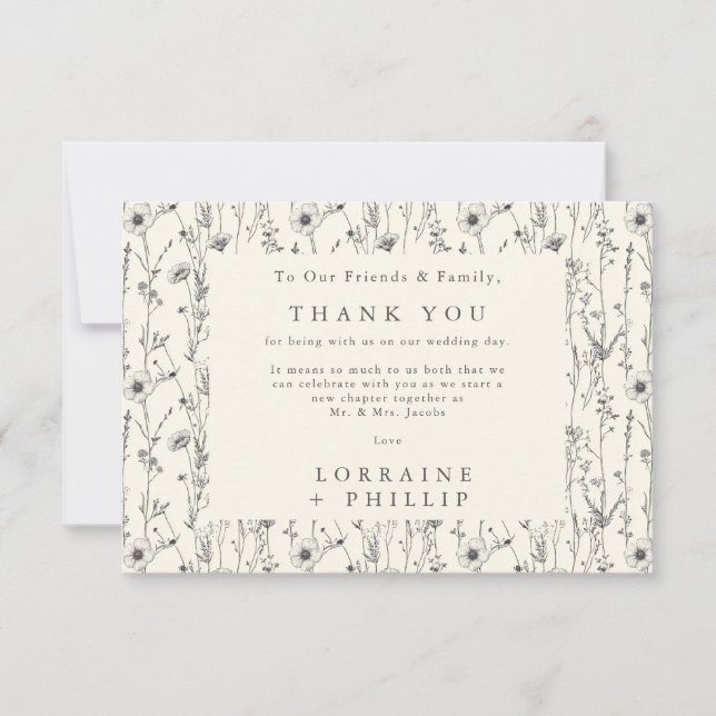 Tarjeta De Agradecimiento Flores silvestres delgadas boda de patrones sin fi (Anverso)
