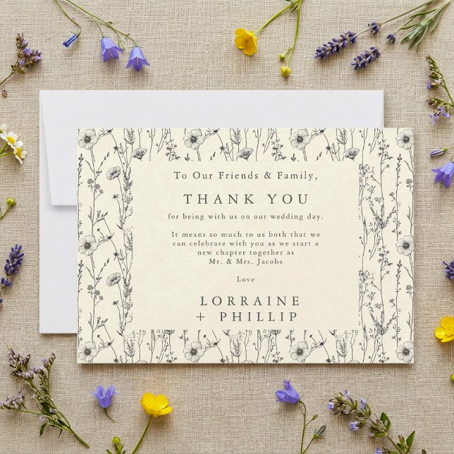 Tarjeta De Agradecimiento Flores silvestres delgadas boda de patrones sin fi (Delicate wildflowers seamless pattern wedding thank you card.)