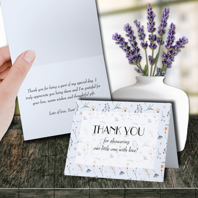 Tarjeta De Agradecimiento Flores silvestres en el Baby Shower Blue Boy (Wildflowers on Blue Boy Baby Shower Folded Thank You Cards (leave inside blank to handwrite notes))