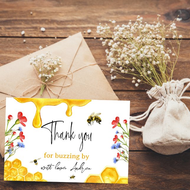 Tarjeta De Agradecimiento Flores silvestres y miel amarilla de abeja acuarel (Subido por el creador)