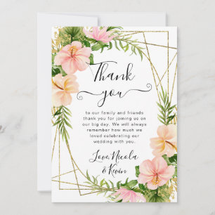 Tarjeta De Agradecimiento Flores Tropicales Acuarela Marco Dorado Boda