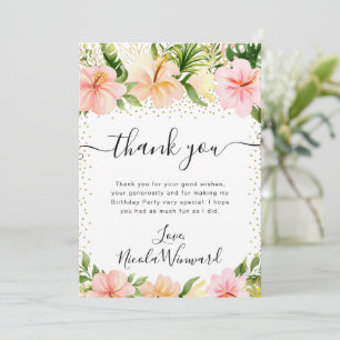 Tarjeta De Agradecimiento Flores Tropicales de Cumpleaños en Rosa Acuarela