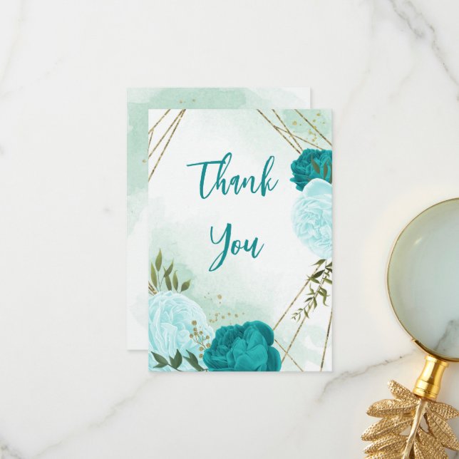 Tarjeta De Agradecimiento flores turquesa hojas verdes boda (Anverso/Reverso In Situ)