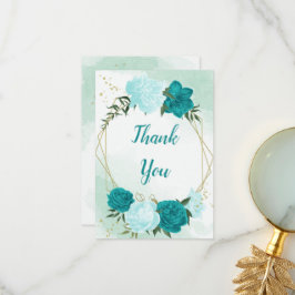 Tarjeta De Agradecimiento flores turquesa hojas verdes boda