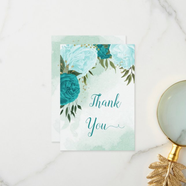 Tarjeta De Agradecimiento flores turquesa hojas verdes boda (Anverso/Reverso In Situ)