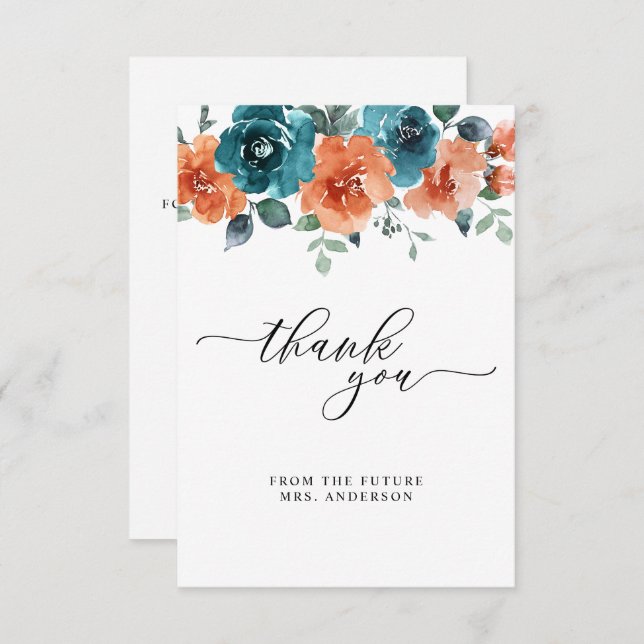 Tarjeta De Agradecimiento Flores Verde azuladas Naranjas quemadas acuarela d (Anverso / Reverso)