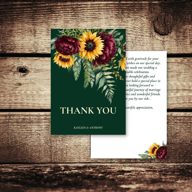 Tarjeta De Agradecimiento Flores verdes de casamiento (Fall summer wedding emerald green rustic sunflowers burgundy flowers thank you card )