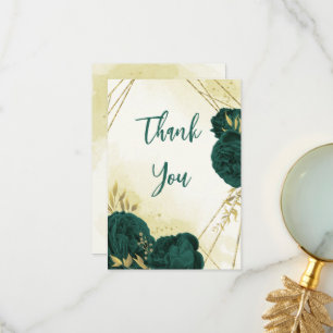 Tarjeta De Agradecimiento Flores verdes de esmeralda hojas de oro boda