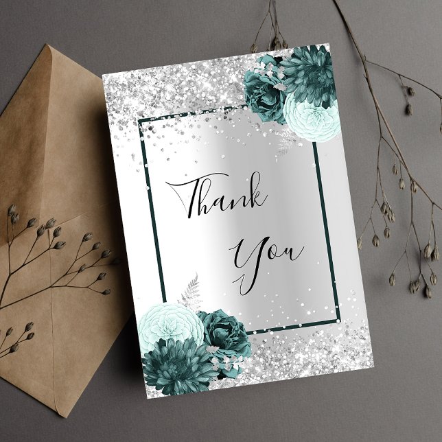 Tarjeta De Agradecimiento Flores verdes plateadas (Subido por el creador)