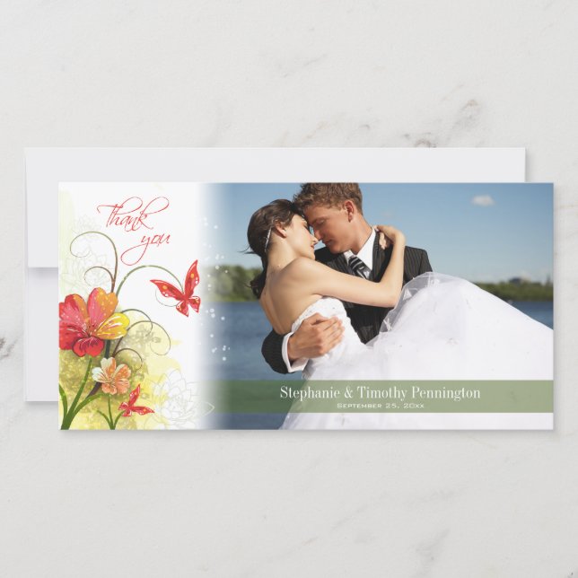 Tarjeta De Agradecimiento Flores verdes rojas + boda mariposa gracias (Anverso)