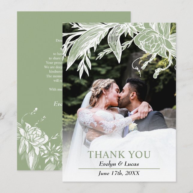 Tarjeta De Agradecimiento Flores verdes y blancas sabrosas foto boda (Anverso / Reverso)