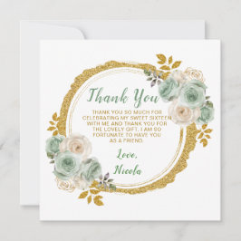 Tarjeta De Agradecimiento Flores verdes y doradas elegantes dulces dieciséis