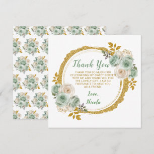 Tarjeta De Agradecimiento Flores verdes y doradas elegantes dulces dieciséis